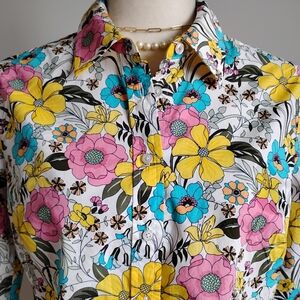 Talbots Cotton Button Up Shirt Floral Colorful Pink Yellow Blue Size Small